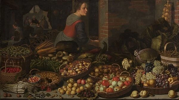 Still Life with Fruit and Vegetables, with Christ at Emmaus in the background, c.1630. Creators: Jesus Christ, Floris van Schooten