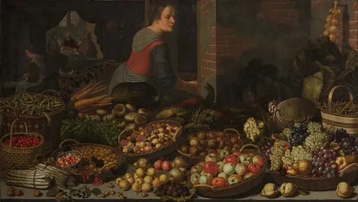 Framed Print : Still Life with Fruit and Vegetables, with Christ at Emmaus in the background, c.1630. Creators: Jesus Christ, Floris van Schooten Framed Print : Still Life with Fruit and Vegetables, with Christ at Emmaus in the background, c.1630. Creators: Jesus Christ, Floris van Schooten