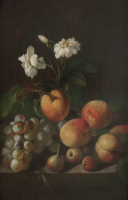 Framed Print : Still Life with Fruit and White Roses, 17th century. Creator: Unknown Framed Print : Still Life with Fruit and White Roses, 17th century. Creator: Unknown