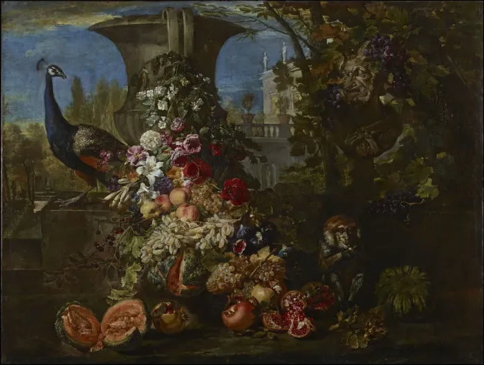 Framed Print : Still life with fruits and flowers in the garden of an Italian villa, Second Half of the 17th cen Framed Print : Still life with fruits and flowers in the garden of an Italian villa, Second Half of the 17th cen