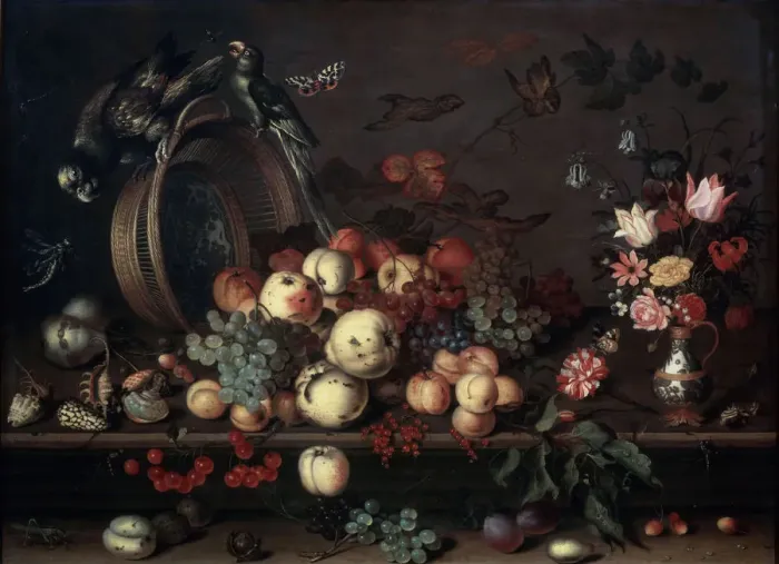 Framed Print : Still Life with Fruits, Flowers and Parrots, 1620s. Artist: Balthasar van der Ast Framed Print : Still Life with Fruits, Flowers and Parrots, 1620s. Artist: Balthasar van der Ast