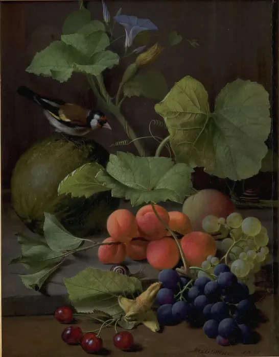 Framed Print : Still Life with Fruits and a Goldfinch, 1855. Creator: Otto Didrik Ottesen Framed Print : Still Life with Fruits and a Goldfinch, 1855. Creator: Otto Didrik Ottesen