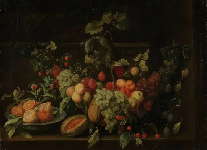 Framed Print : Still Life with Fruits and a Parrot, c1670-1690. Creator: Peeter Gysels Framed Print : Still Life with Fruits and a Parrot, c1670-1690. Creator: Peeter Gysels