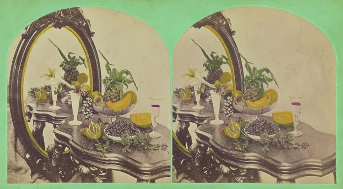Framed Print : Still life of fruits on a table with mirror, about 1865. Creator: Unknown Framed Print : Still life of fruits on a table with mirror, about 1865. Creator: Unknown
