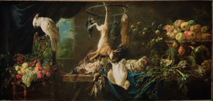 Framed Print : Still Life with Game, Vegetables, Fruit and Cockatoo, 1650. Artist: Utrecht, Adriaen van Framed Print : Still Life with Game, Vegetables, Fruit and Cockatoo, 1650. Artist: Utrecht, Adriaen van