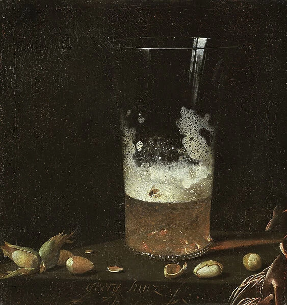 Still Life with a Glass of Beer and Nuts, 1645. Creator: Georg Hainz