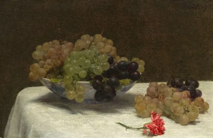 Framed Print : Still Life with Grapes and a Carnation, c. 1880. Creator: Henri Fantin-Latour Framed Print : Still Life with Grapes and a Carnation, c. 1880. Creator: Henri Fantin-Latour