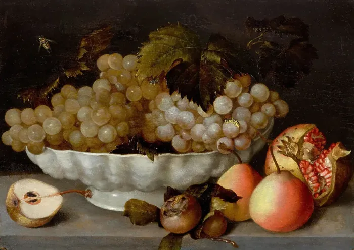 Framed Print : Still life with grapes in a white ceramic bowl, a pomegranate and pears on a... early 17th cen.. Creator: Galizia; Fede (1578-1630) Framed Print : Still life with grapes in a white ceramic bowl, a pomegranate and pears on a... early 17th cen.. Creator: Galizia; Fede (1578-1630)