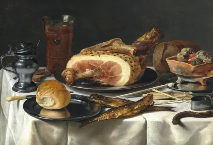 Framed Print : Still Life with Ham, 1625. Creator: Claesz, Pieter (c. 1597-1660)
