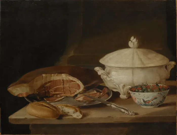 Framed Print : Still Life with Ham on a Pewter Dish, a Faience Set...mid-18th-early 19th century. Creator: Per Hillestrom Framed Print : Still Life with Ham on a Pewter Dish, a Faience Set...mid-18th-early 19th century. Creator: Per Hillestrom