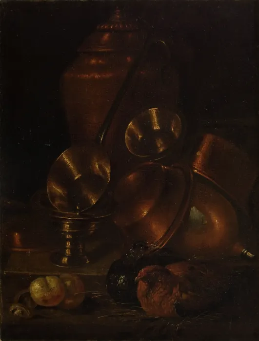 Framed Print : Still Life (Hen with Brass and Copper Vessels), 2nd half of 17th century. Creator: Martin Dichtl Framed Print : Still Life (Hen with Brass and Copper Vessels), 2nd half of 17th century. Creator: Martin Dichtl