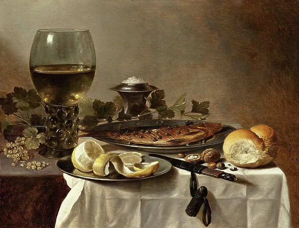 Still Life with Herring, Wine and Bread (image 1 of 2), 1647. Creator: Pieter Claesz