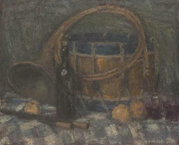 Framed Print : Still life with horn and drum, c1900. Creator: Edmond Francois Aman-Jean Framed Print : Still life with horn and drum, c1900. Creator: Edmond Francois Aman-Jean