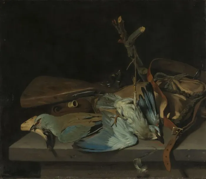 Framed Print : Still life with hunting implements and birds, 1670. Creator: Hendrick ten Oever Framed Print : Still life with hunting implements and birds, 1670. Creator: Hendrick ten Oever