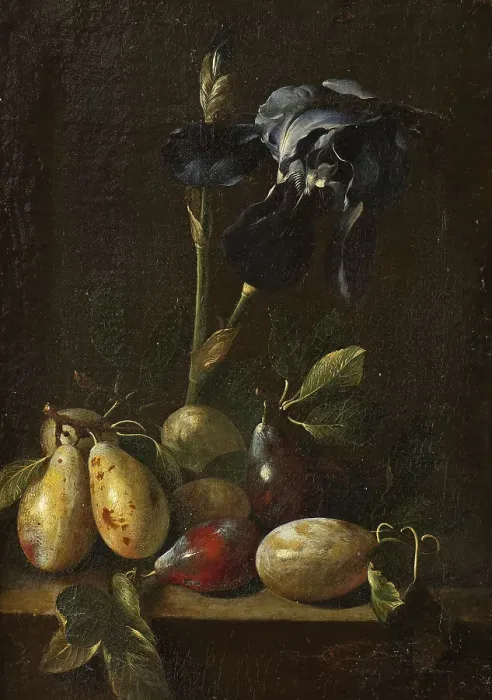 Framed Print : Still Life with an Iris and Plums. Creator: Attributed to Pietro Paolo Bonzi (1576-1636) Framed Print : Still Life with an Iris and Plums. Creator: Attributed to Pietro Paolo Bonzi (1576-1636)