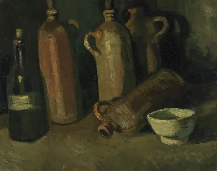 Framed Print : Still Life with Jars (Still life with four jugs, bottles and white bowl), 1885. Creator: Gogh, Vincent, van (1853-1890) Framed Print : Still Life with Jars (Still life with four jugs, bottles and white bowl), 1885. Creator: Gogh, Vincent, van (1853-1890)
