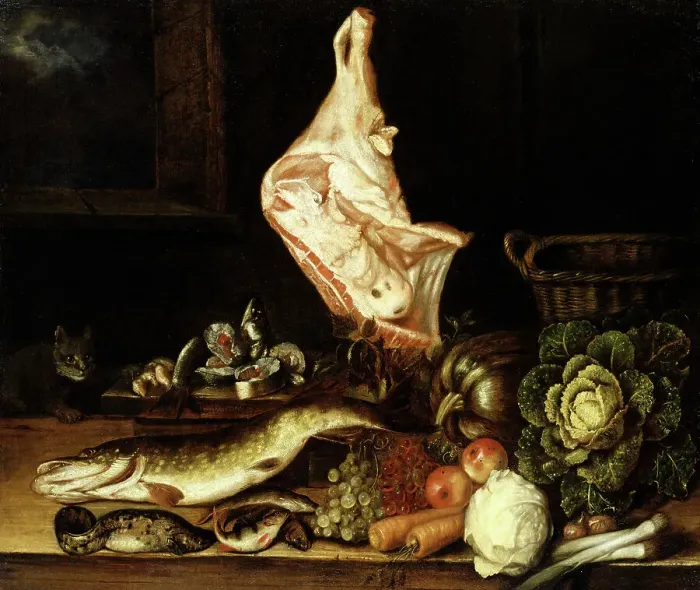 Framed Print : Still Life with a Joint of Veal, Greens and Fish. Creator: Christian von Thum Framed Print : Still Life with a Joint of Veal, Greens and Fish. Creator: Christian von Thum