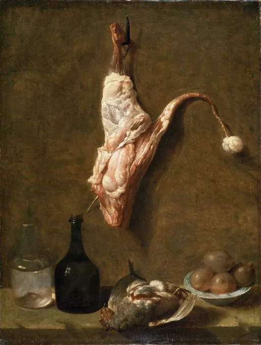 Framed Print : Still life with a Leg of Veal, French painting of 18th century. Artist: Jean-Baptiste Oudry Framed Print : Still life with a Leg of Veal, French painting of 18th century. Artist: Jean-Baptiste Oudry
