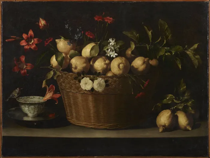Framed Print : Still Life with Lemons in a Wicker Basket, ca 1643-1649. Creator: Zurbaran, Juan de Framed Print : Still Life with Lemons in a Wicker Basket, ca 1643-1649. Creator: Zurbaran, Juan de