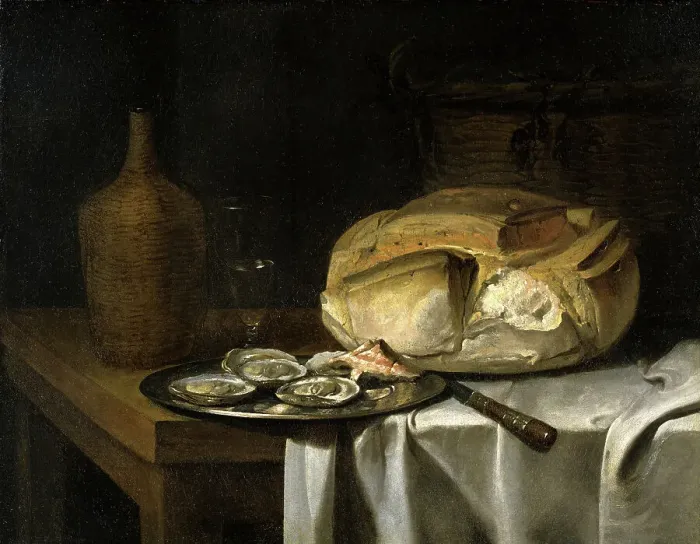 Framed Print : Still Life with a Loaf of Bread, Oysters and a Flask, c17th century. Creator: Unknown Framed Print : Still Life with a Loaf of Bread, Oysters and a Flask, c17th century. Creator: Unknown