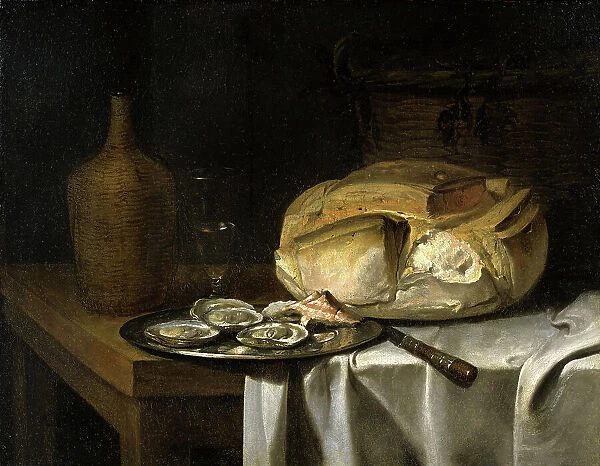 Still Life with a Loaf of Bread, Oysters and a Flask, c17th century. Creator: Unknown