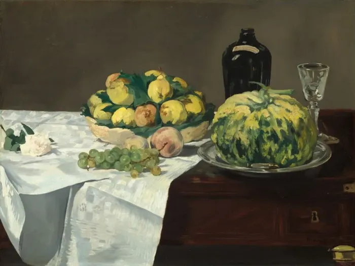 Framed Print : Still Life with Melon and Peaches, c. 1866. Creator: Edouard Manet Framed Print : Still Life with Melon and Peaches, c. 1866. Creator: Edouard Manet
