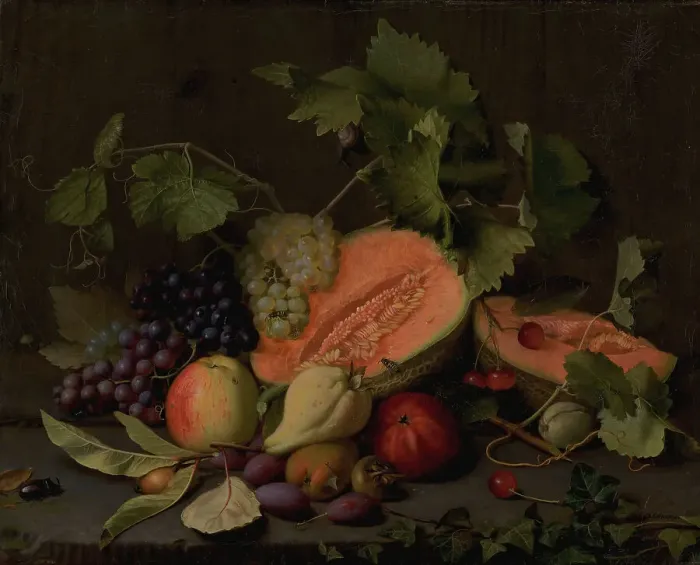 Framed Print : Still Life with Melons and Grapes, 1851. Creator: Otto Didrik Ottesen