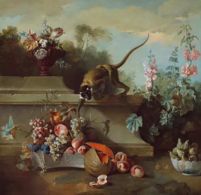 Framed Print : Still Life with Monkey, Fruits, and Flowers, 1724. Creator: Jean-Baptiste Oudry Framed Print : Still Life with Monkey, Fruits, and Flowers, 1724. Creator: Jean-Baptiste Oudry