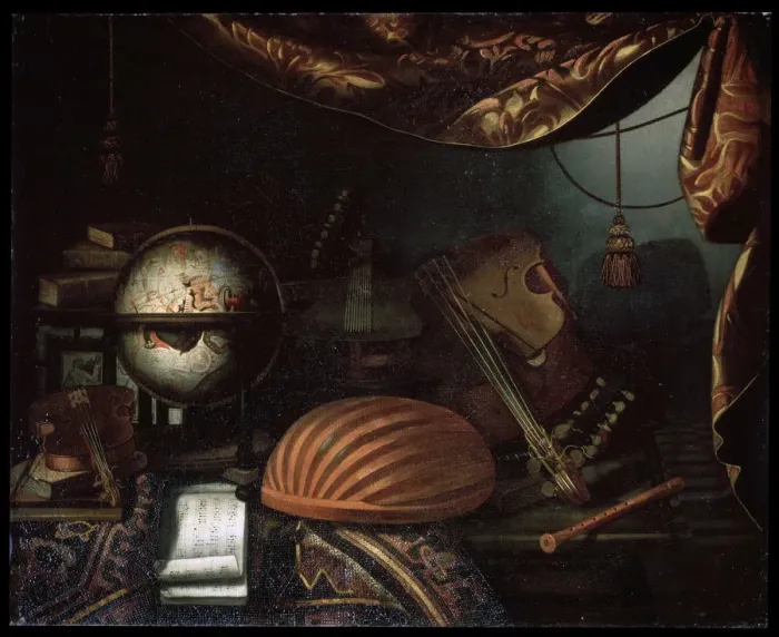 Framed Print : Still life with Musical Instruments, 1715. Artist: Bonaventura Bettera Framed Print : Still life with Musical Instruments, 1715. Artist: Bonaventura Bettera