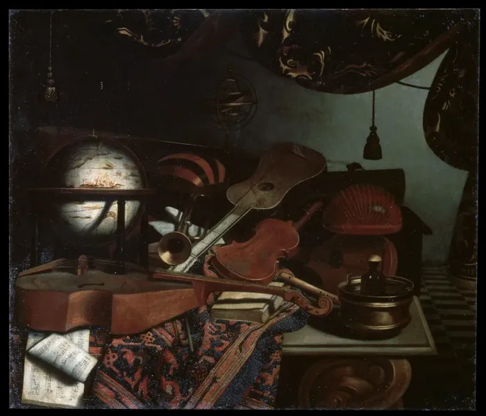 Framed Print : Still life with Musical Instruments, 1718. Artist: Bonaventura Bettera Framed Print : Still life with Musical Instruments, 1718. Artist: Bonaventura Bettera