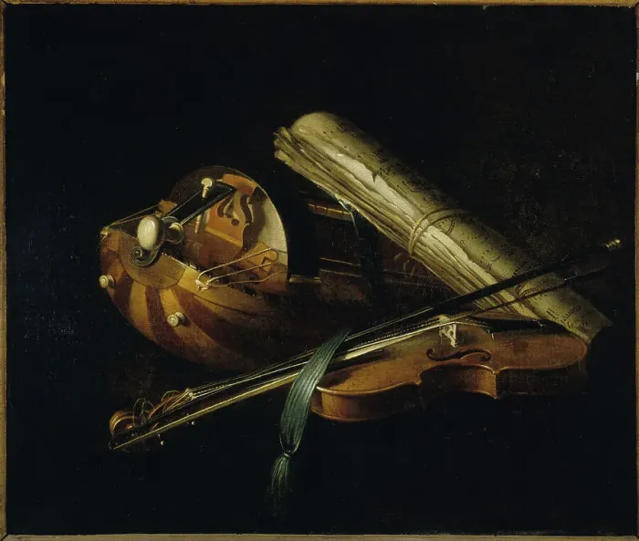 Framed Print : Still life with musical instruments, 1756. Creator: Nicolas Henri Jeaurat de Bertry Framed Print : Still life with musical instruments, 1756. Creator: Nicolas Henri Jeaurat de Bertry