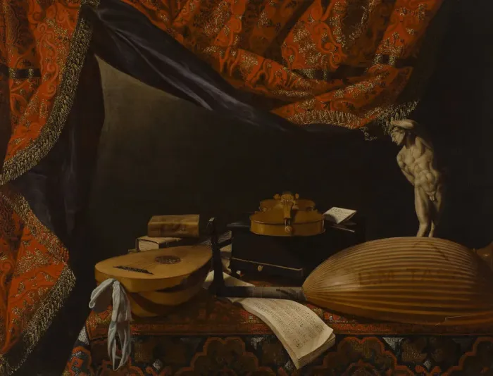 Framed Print : Still life with Musical Instruments, Books and Sculpture, c. 1650. Artist: Baschenis, Evaristo (1617-1677) Framed Print : Still life with Musical Instruments, Books and Sculpture, c. 1650. Artist: Baschenis, Evaristo (1617-1677)