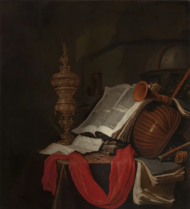 Framed Print : Still life with musical instruments and books (Vanitas). Artist: Vermeulen, Jan (active 1638-1674) Framed Print : Still life with musical instruments and books (Vanitas). Artist: Vermeulen, Jan (active 1638-1674)