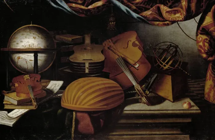 Framed Print : Still Life with Musical Instruments, Globe and Armillary Sphere, 17th century. Creator: Baschenis Framed Print : Still Life with Musical Instruments, Globe and Armillary Sphere, 17th century. Creator: Baschenis