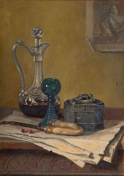 Still Life Of Newspaper, Pipe, Decanter And Jar, 1887. Creator: Claude Pratt