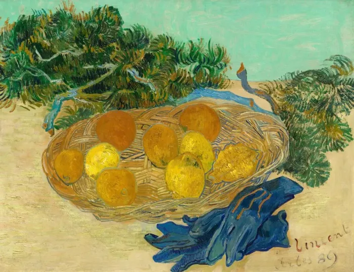 Framed Print : Still Life of Oranges and Lemons with Blue Gloves, 1889. Creator: Vincent van Gogh Framed Print : Still Life of Oranges and Lemons with Blue Gloves, 1889. Creator: Vincent van Gogh