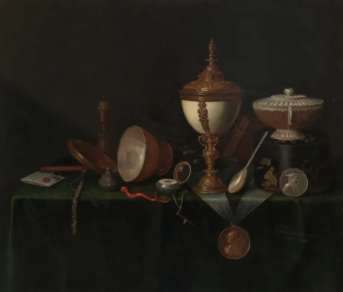 Framed Print : Still Life with Ostrich Egg Cup and the Whitfield Heirlooms, c. 1670 Framed Print : Still Life with Ostrich Egg Cup and the Whitfield Heirlooms, c. 1670