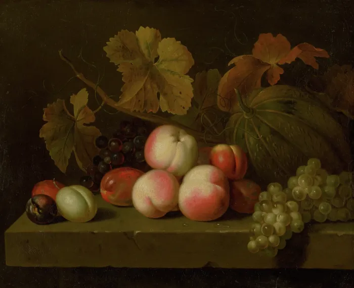 Framed Print : Still Life with Peaches, Grapes, Plums, and Melon, around 1710. Creator: Jakub Bogdan Framed Print : Still Life with Peaches, Grapes, Plums, and Melon, around 1710. Creator: Jakub Bogdan