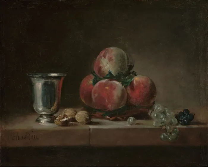 Framed Print : Still Life with Peaches, a Silver Goblet, Grapes, and Walnuts, about 1759-1760. Creator: Jean-Simeon Chardin Framed Print : Still Life with Peaches, a Silver Goblet, Grapes, and Walnuts, about 1759-1760. Creator: Jean-Simeon Chardin