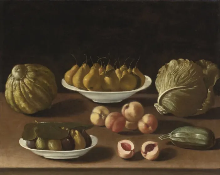 Framed Print : Still life with pears, peaches, figs, a melon, cabbage and marrow. Artist: Barbieri, Paolo Antonio (1603-1649) Framed Print : Still life with pears, peaches, figs, a melon, cabbage and marrow. Artist: Barbieri, Paolo Antonio (1603-1649)