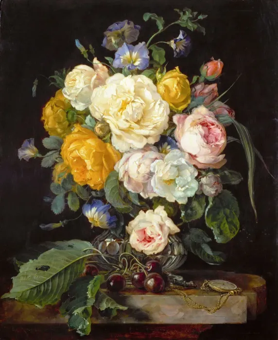 Framed Print : Still life with peonies, cherries and a pocket watch Framed Print : Still life with peonies, cherries and a pocket watch