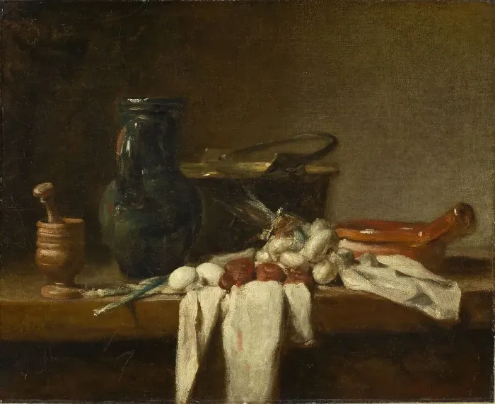 Framed Print : Still Life with Pestle and Mortar, Pitcher and Copper Cauldron, 1728. Creator: Jean-Simeon Chardin Framed Print : Still Life with Pestle and Mortar, Pitcher and Copper Cauldron, 1728. Creator: Jean-Simeon Chardin