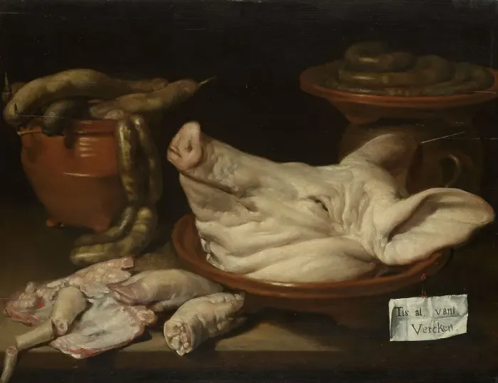 Framed Print : Still Life with Pig's Head, Pig's Knuckles and Sausage, 1600-1650. Creator: Monogrammist JVR Framed Print : Still Life with Pig's Head, Pig's Knuckles and Sausage, 1600-1650. Creator: Monogrammist JVR