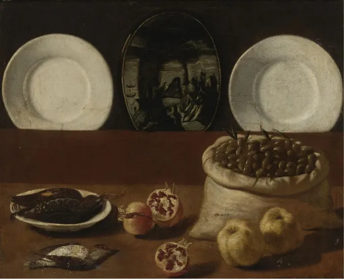 Framed Print : Still life with plates, a sack filled with olives, game, pomegranates, and quince. Artist: Barbieri, Paolo Antonio (1603-1649) Framed Print : Still life with plates, a sack filled with olives, game, pomegranates, and quince. Artist: Barbieri, Paolo Antonio (1603-1649)