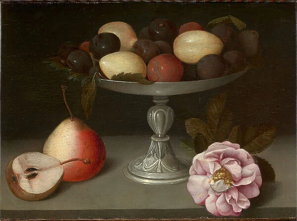Still Life with plums, pears and a rose, ca 1602. Creator: Galizia, Fede (1578-1630)