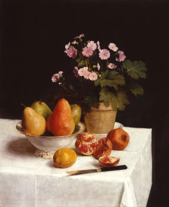 Framed Print : Still life with primroses and pears. Artist: Fantin-Latour, Henri (1836-1904) Framed Print : Still life with primroses and pears. Artist: Fantin-Latour, Henri (1836-1904)