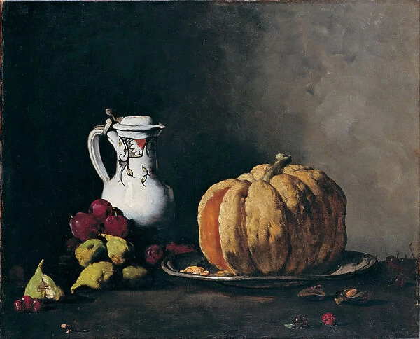 Still Life with Pumpkin, Plums, Cherries, Figs and Jug, ca 1860. Artist: Ribot, Theodule Augustin (1823-1891)