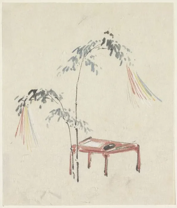 Framed Print : Still life of a red table and decorated bamboo, 1808-1861. Creator: Utagawa Kuniyoshi Framed Print : Still life of a red table and decorated bamboo, 1808-1861. Creator: Utagawa Kuniyoshi
