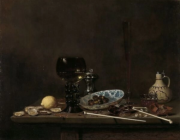 Still Life with Roemer, Flute Glass, Earthenware Jug and Pipes, 1651. Creator: Jan Jansz van de Velde