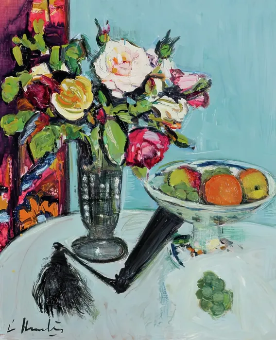 Framed Print : Still Life - Roses and a Black Fan, c1920s. Creator: George Leslie Hunter Framed Print : Still Life - Roses and a Black Fan, c1920s. Creator: George Leslie Hunter